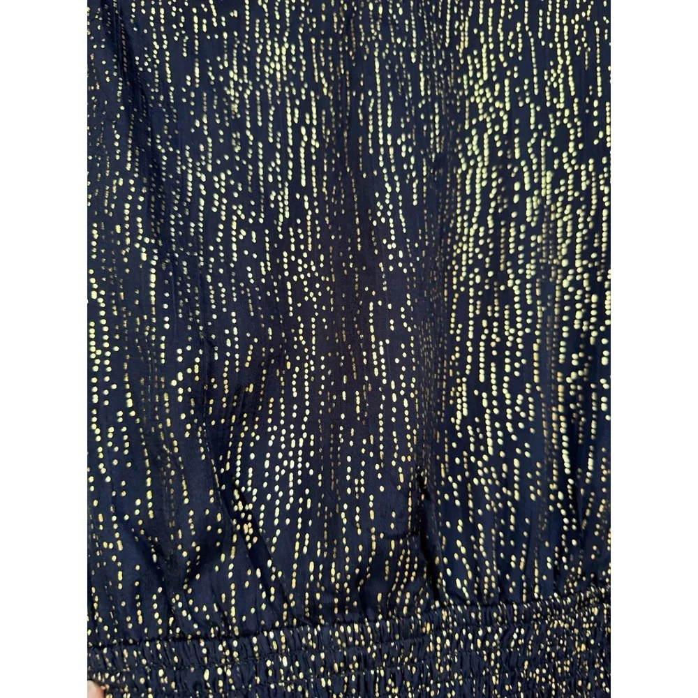 Aqua Metallic Puff Sleeve Mini Dress Small Navy Blue Gold Dot NYE Smocked - Picture 7 of 8
